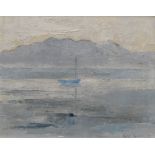 IOLA STAFFORD oil on board - Menai Straits with single fishing boats, entitled verso 'Blue Boat',