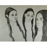 BRENDA CHAMBERLAIN pen and ink - portrait study of three girls with Tegfryn Art Gallery label