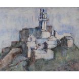 WILL ROBERTS mixed media - Mumbles lighthouse, signed with initials, dated verso circa 1980, 19 x