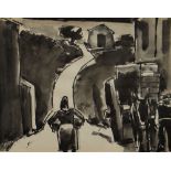 JOSEF HERMAN inkwash - village scene with peasant figure in the road and figure with mule and