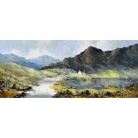 CHARLES WYATT WARREN oil on board - Snowdonia landscape with white washed cottage and track,