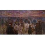 ANEURIN JONES colour print - horse fair scene with numerous male farmers, signed verso, 21 x