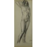 AUGUSTUS JOHN life study drawing - a female standing with one arm raised, signed, 32 x 12cms (framed