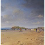 GARETH THOMAS oil on card - beach scene on a bright day with numerous figures, entitled verso '