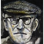 LUNED RHYS PARRI mixed media on canvas - portrait study of farmer with cap and spectacles,