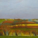 GEORGE LITTLE oil on board - hilltop village with church, fields and blue sky, entitled verso '