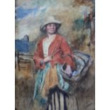 EDWARD DUNCAN watercolour - portrait of a standing female harvester figure with basket, entitled