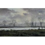 GARETH THOMAS watercolour - winter landscape, entitled verso 'River Towy Near Llandeilo, Winter