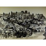 SIR KYFFIN WILLIAMS RA inkwash - village with dry stone walls and lanes, being Pentre Pella,