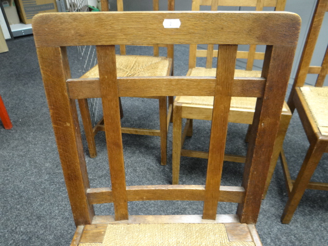 SIX RUSH SEATED BRYNMAWR OAK CHAIRS having lattice backs - Image 8 of 13