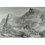 SIR KYFFIN WILLIAMS RA inkwash - mountainous landscape with trees, entitled verso on Albany