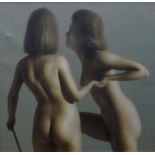 HARRY HOLLAND oil on board - a study of two nude figures, one helping the other step up, entitled '