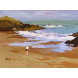 DONALD McINTYRE acrylic on board - single figure in bathing clothes standing beside the shore,