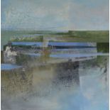 DICK CHAPPELL oil on panel - semi-abstract landscape entitled verso 'Saltmarshe, Silver and Blue' on