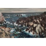 GYRTH RUSSELL oil on canvas - rocky coastal scene with breaking waves, signed, 50 x 75cms (framed