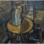 WYN OWENS oil on board - interior scene with stoneware flagon on a table in a cubist style, signed