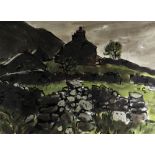 SIR KYFFIN WILLIAMS RA inkwash and watercolour - upland Snowdonia farm with dry stone walls,