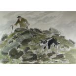 SIR KYFFIN WILLIAMS RA watercolour and pencil - dramatic Snowdonia shepherd scene with farmer figure