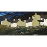 STEPHEN JOHN OWEN oil on board - cottages at night, entitled verso 'Noson Lawen / Silent Night',