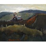 WILL ROBERTS oil on canvas - farmer driving tractor in the fields, entitled verso 'Evening