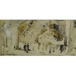 JOHN KNAPP-FISHER watercolour - figures in a Pembrokeshire coastal town, signed and titled verso '