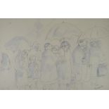 VERA BASSETT pencil and watercolour - crowd of figures standing in the rain with umbrellas,