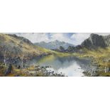 CHARLES WYATT WARREN oil on board - expansive Snowdonia lake scene with silver birches and Snowdon