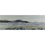 JOHN KNAPP-FISHER watercolour - figures walking and children playing on a Pembrokeshire beach,