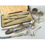 A bag of mixed silver flat-ware, napkin rings, cased button-hook set ETC Condition reports