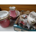 A vintage Staffordshire pink and gilt decorated wash stand and toilet set, large Doulton jug, pewter