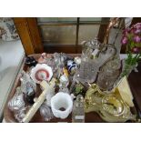 A parcel of small fancy ornaments including Swarovski-type ornaments, cut-glass decanters, clock ETC