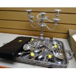 EPNS twin-handled gallery tray, loose flatware and candelabra Condition reports provided on