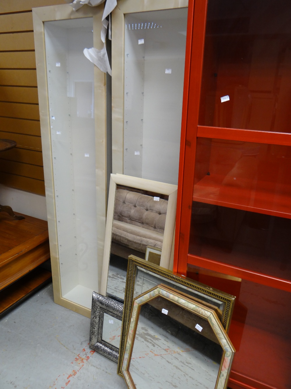 A pair of red IKEA display cabinets, a parcel of mirrors and two further narrow display cabinets - Image 2 of 2