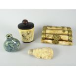 Three various Oriental (or style) snuff-bottles and a metal and bone / antler section table box
