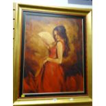 MARK SPAIN giclee print on canvas - glamorous lady in red dress with fan, entitled verso on
