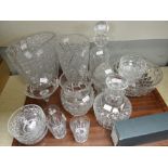 Tray of various cut glass including jugs, vases, fruit bowl, decanter ETC Condition reports provided