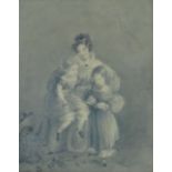 Unknown nineteenth century English school pencil drawing - lady with two children, inscribed