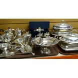Two trays of good quality EPNS items including teaset, hotel ware, entree dishes ETC Condition