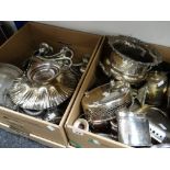 Two boxes of various EPNS including Champagne bucket, candelabra, teaware ETC Condition reports