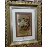 Framed crystoleum of three children playing on a beach, signed FRED MORTON, 25 x 16.5cms Condition