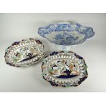 A Masons Ironstone pottery centre dish with blue and white transfer decoration of birds and flowers,