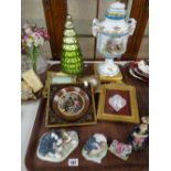 Two Nao pottery puppy groups, sundry reproduction fancy pictures, a Continental porcelain twin-
