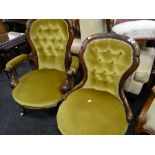 A pair of Victorian walnut spoon-back armchairs with buttoned backs and having foliate carved