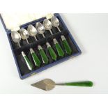 Cased set of six sterling teaspoons with green jade-type handles together with similar silver