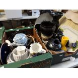 Two crates and a tray of mixed china, planters, teapots ETC Condition reports provided on request by