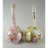 A pair of early twentieth century Dresden bottle vases decorated with alternating panels of romantic