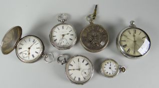 Tin containing six various silver encased antique pocket-watches Condition reports provided on