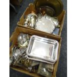 Two boxes of mainly various EPNS including toast racks, salvers ETC Condition reports provided on