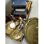Three decorative large brass trays, collection of various metalware, volumes of 'The Dictionary of