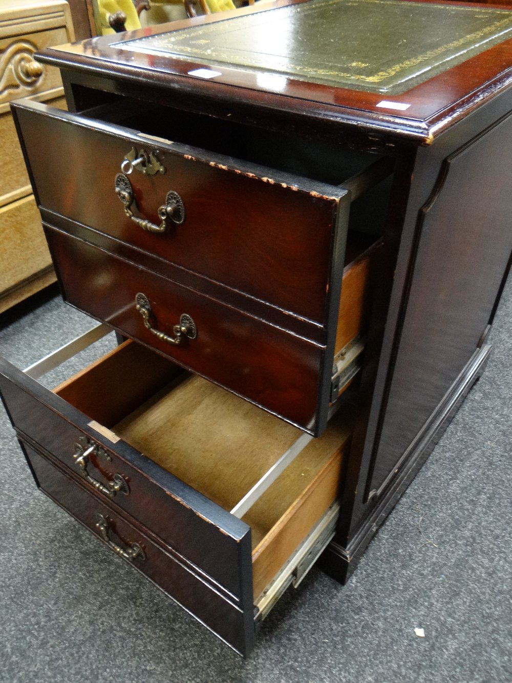 A reproduction two-drawer mahogany effect filing cabinet with tooled leather insert top Condition - Image 2 of 2